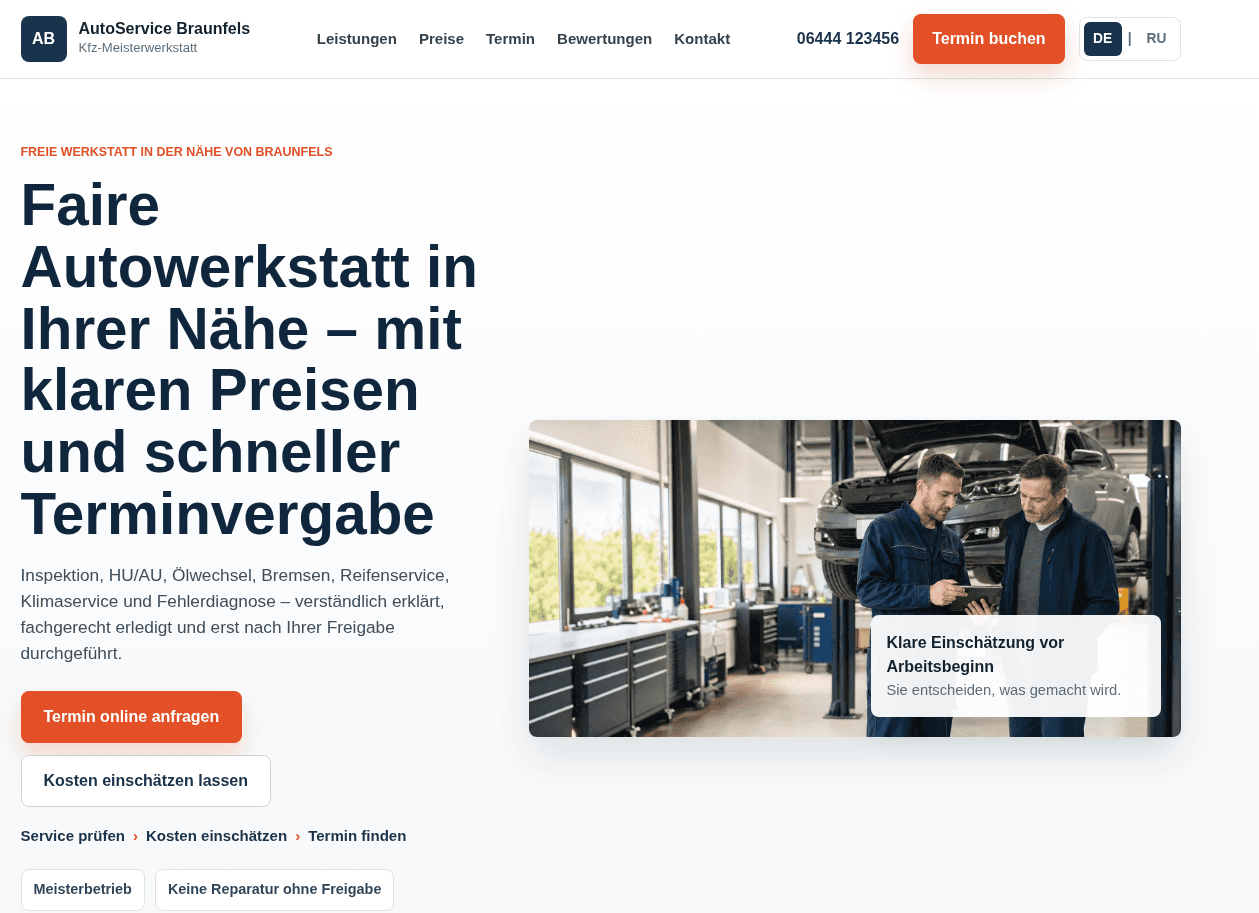 Desktop-Vorschau der Website für AB AutoService Braunfels mit Kfz-Werkstatt-Leistungen, Preisen und Terminanfrage