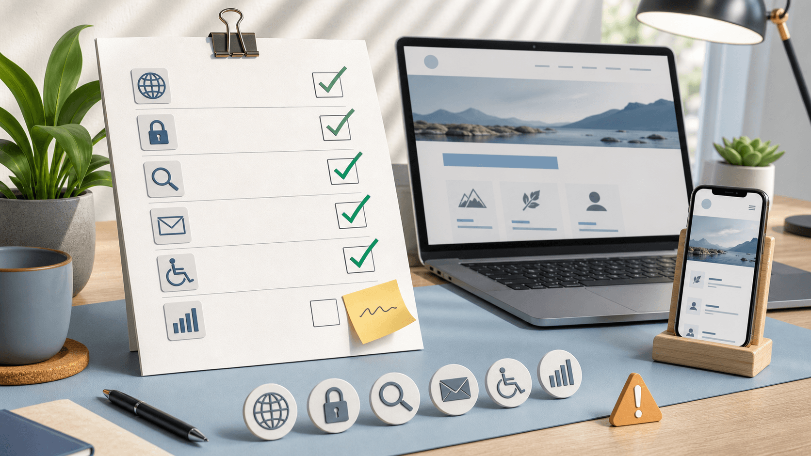 Website-Launch-Checkliste mit Laptop, Smartphone und Symbolen für SEO, SSL und Kontaktformular
